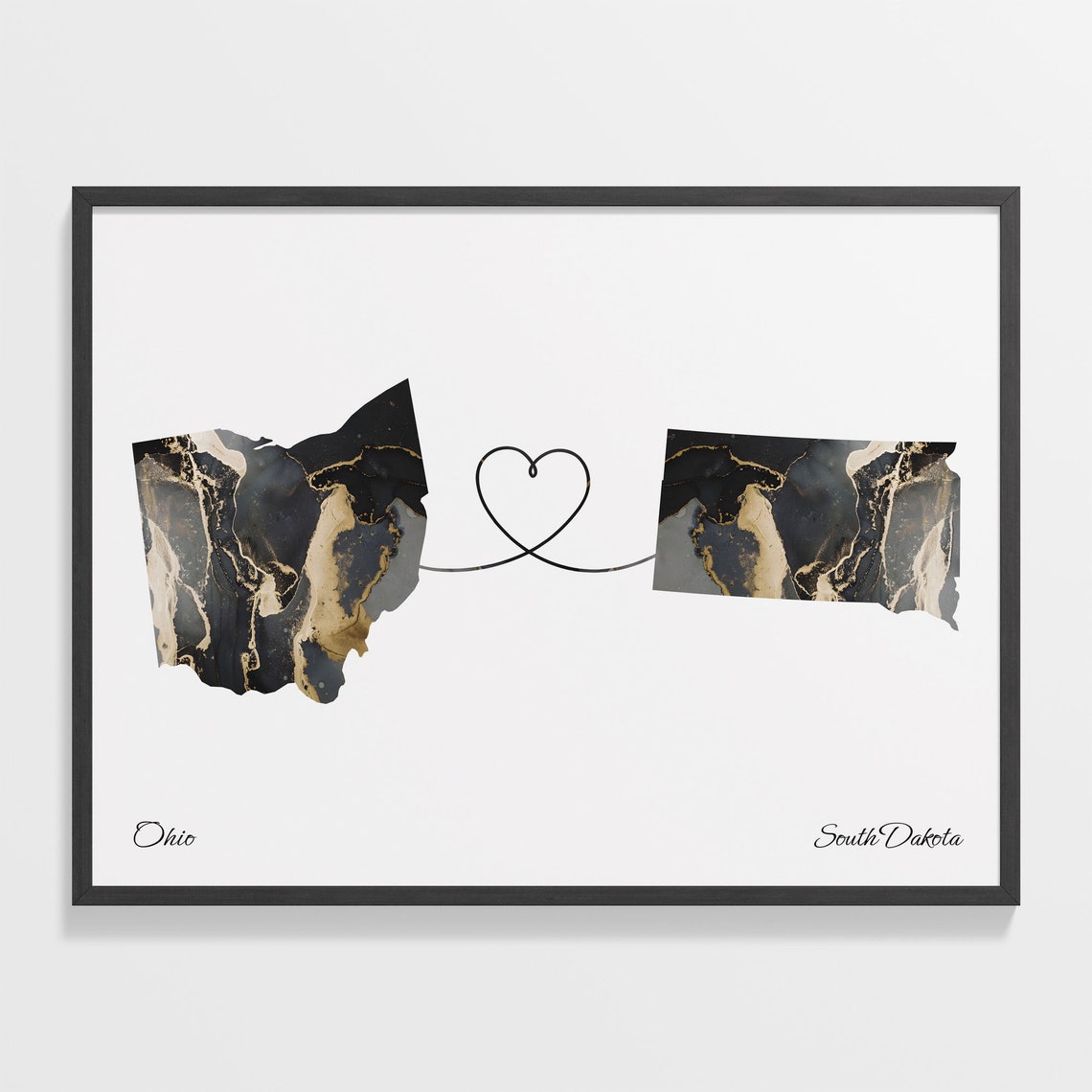 Ohio to South Dakota Two State Long Distance Heart Marble Map Poster