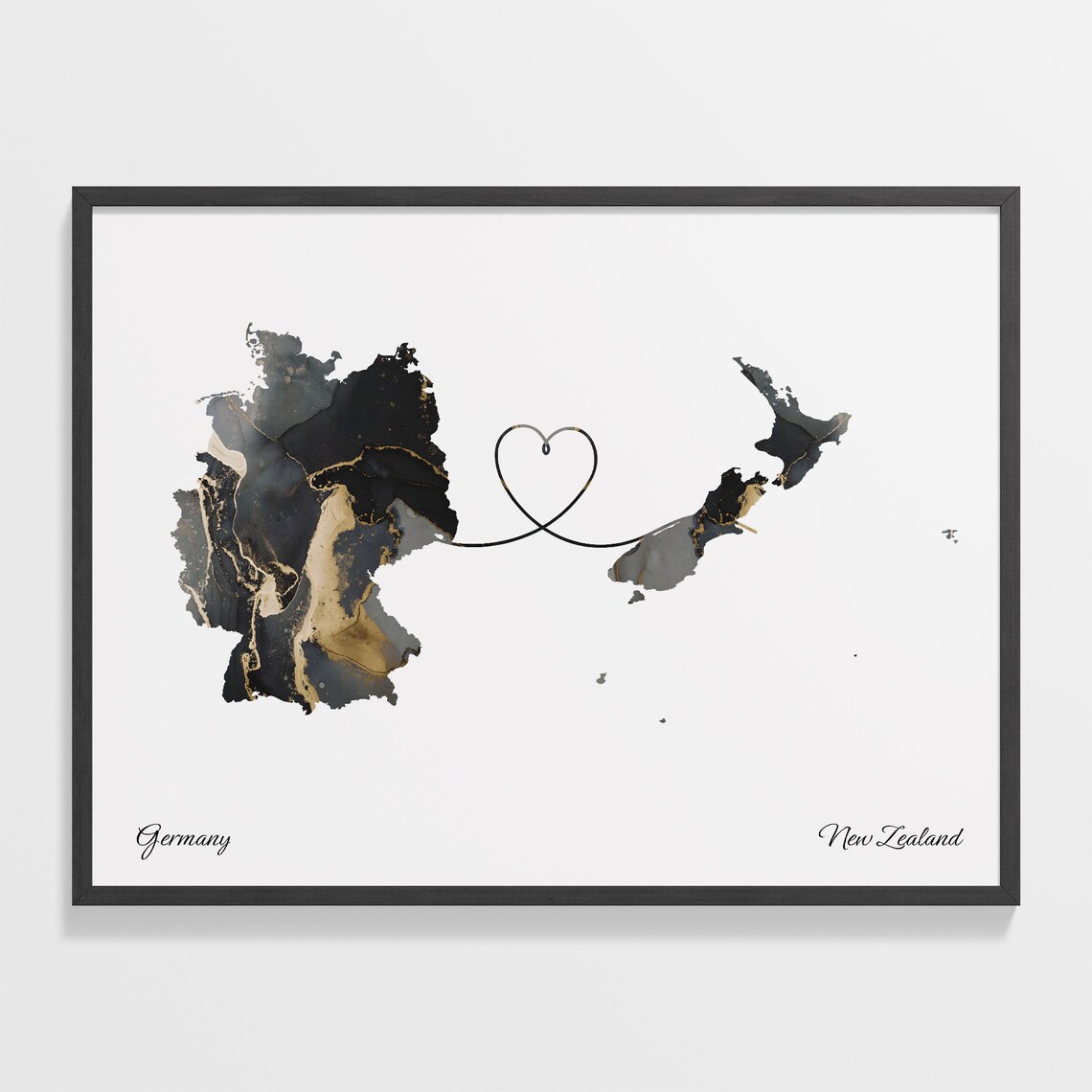 Germany to New Zealand Black Gold Marble Heart Map Art Poster