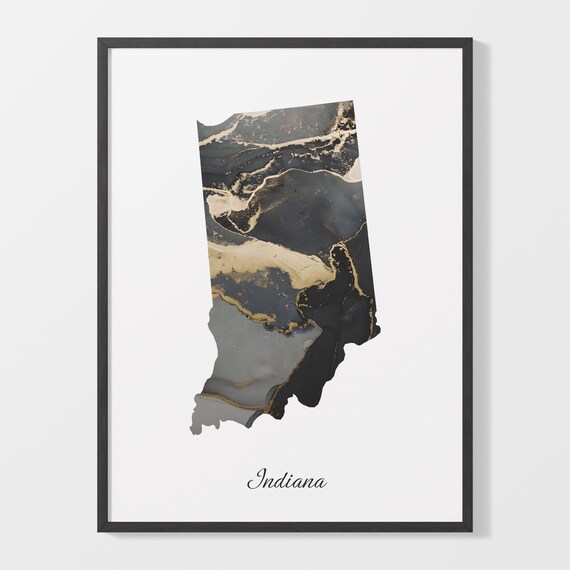 Indiana Black and Gold Marble Silhouette State Map Art Poster