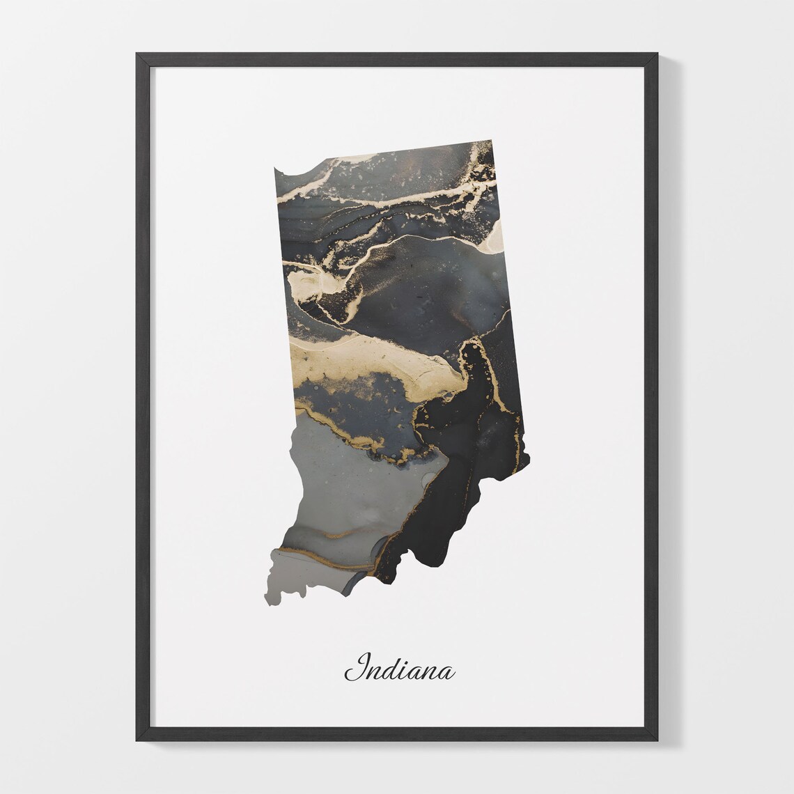 Indiana Black and Gold Marble Silhouette State Map Art Poster