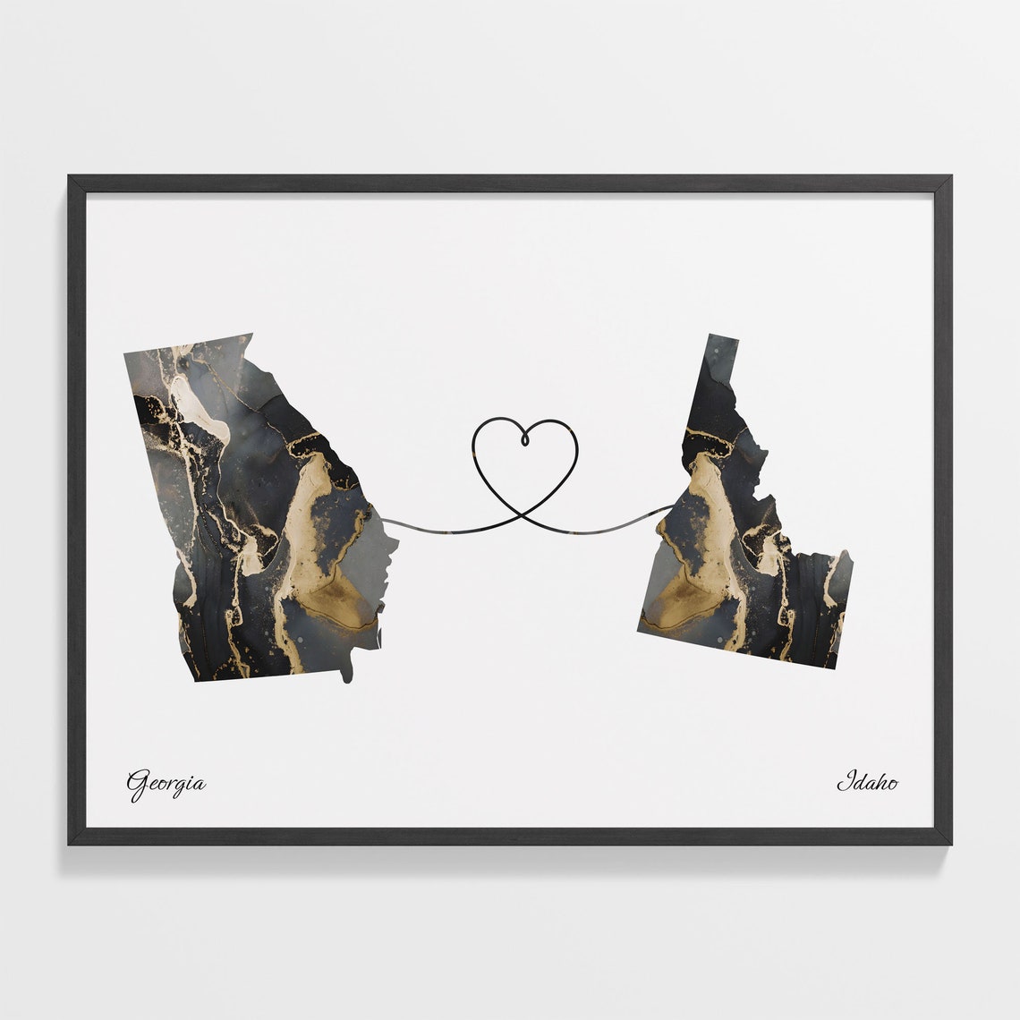 Georgia Idaho Long Distance Black Gold Marble Heart Map Poster