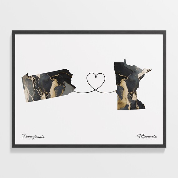 Pennsylvania to Minnesota Marble State Map Heart Long Distance Connection Poster