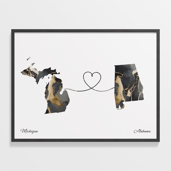 Michigan Alabama Long Distance Love Black Gold Marble Map Poster