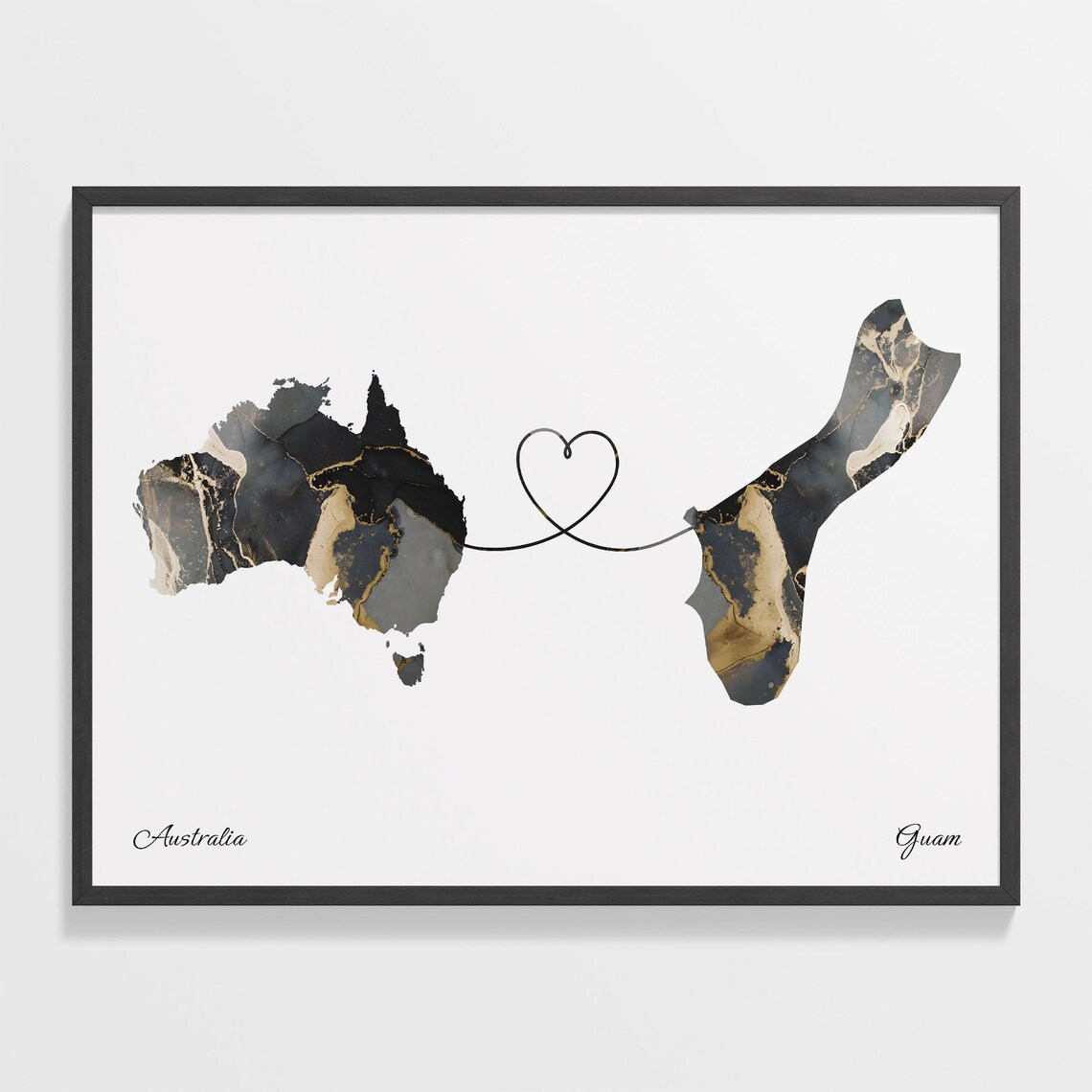 Australia and Guam Long Distance Black Marble Heart Connection Map Poster