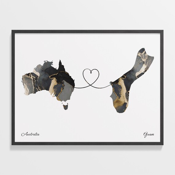 Australia and Guam Long Distance Black Marble Heart Connection Map Poster