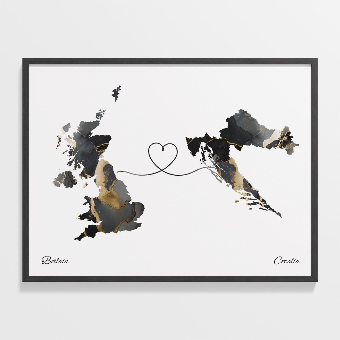 Britain to Croatia Marble Map with Heart Long Distance Love Poster