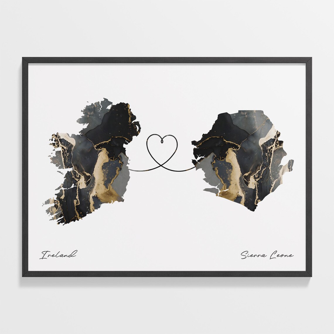 Ireland To Sierra Leone Black Gold Marble Two Country Heart Map Poster