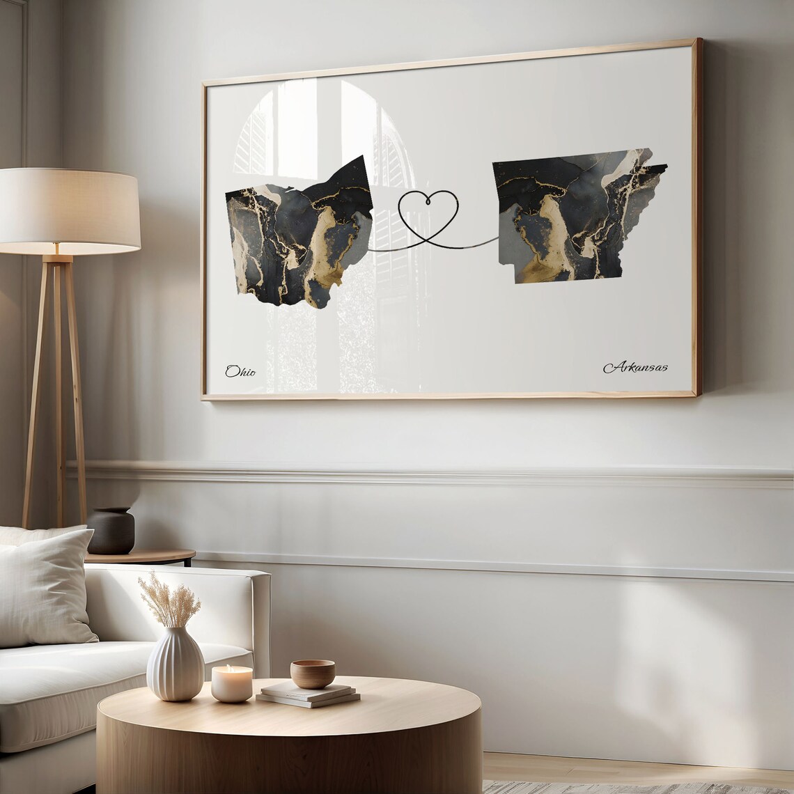 Ohio to Arkansas Black Gold Marble Map Heart Connection Poster - Image 2