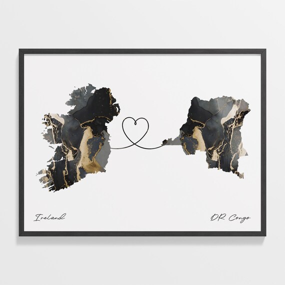 Ireland and DR Congo Black Gold Marble Map Heart Connection Poster