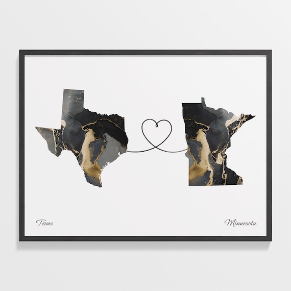 Texas To Minnesota Heart Connected Black Marble State Map Poster