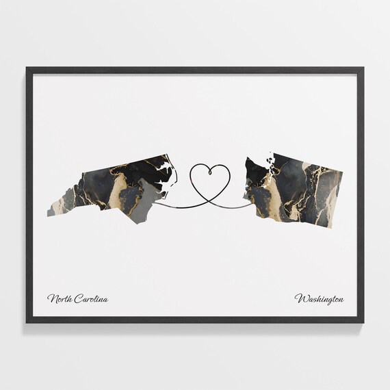 North Carolina Washington Long Distance Black Gold Marble Heart Map Poster