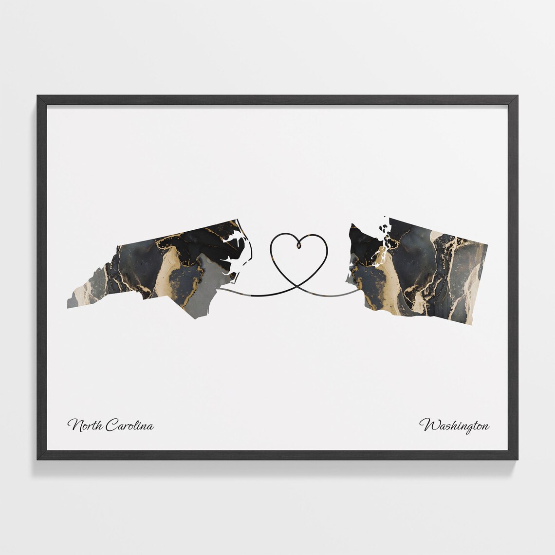 North Carolina Washington Long Distance Black Gold Marble Heart Map Poster