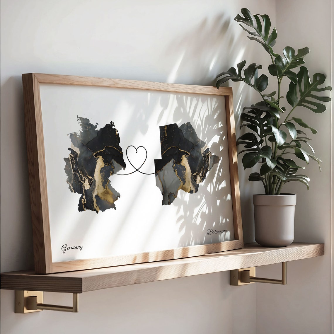 Germany and Botswana Black Gold Marble Two Country Love Map Poster - Image 3