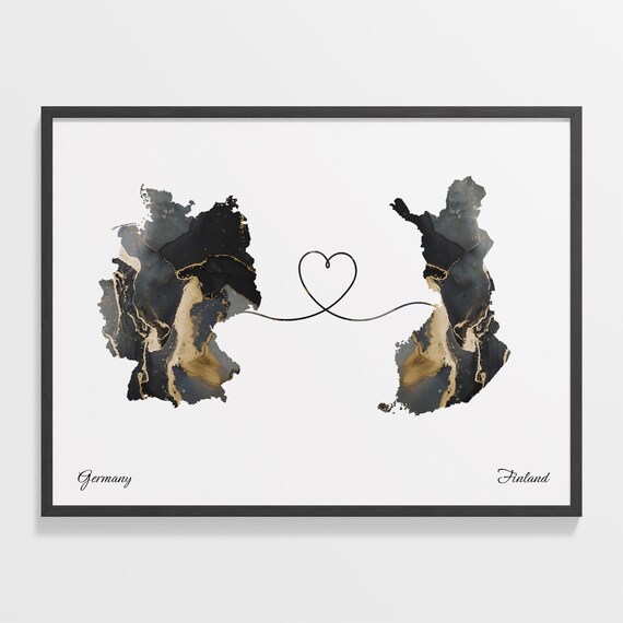 Germany and Finland Marble Heart Connected Countries Map Poster