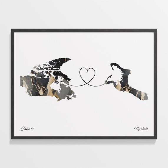 Canada Kiribati Long Distance Love Black Marble Heart Map Poster