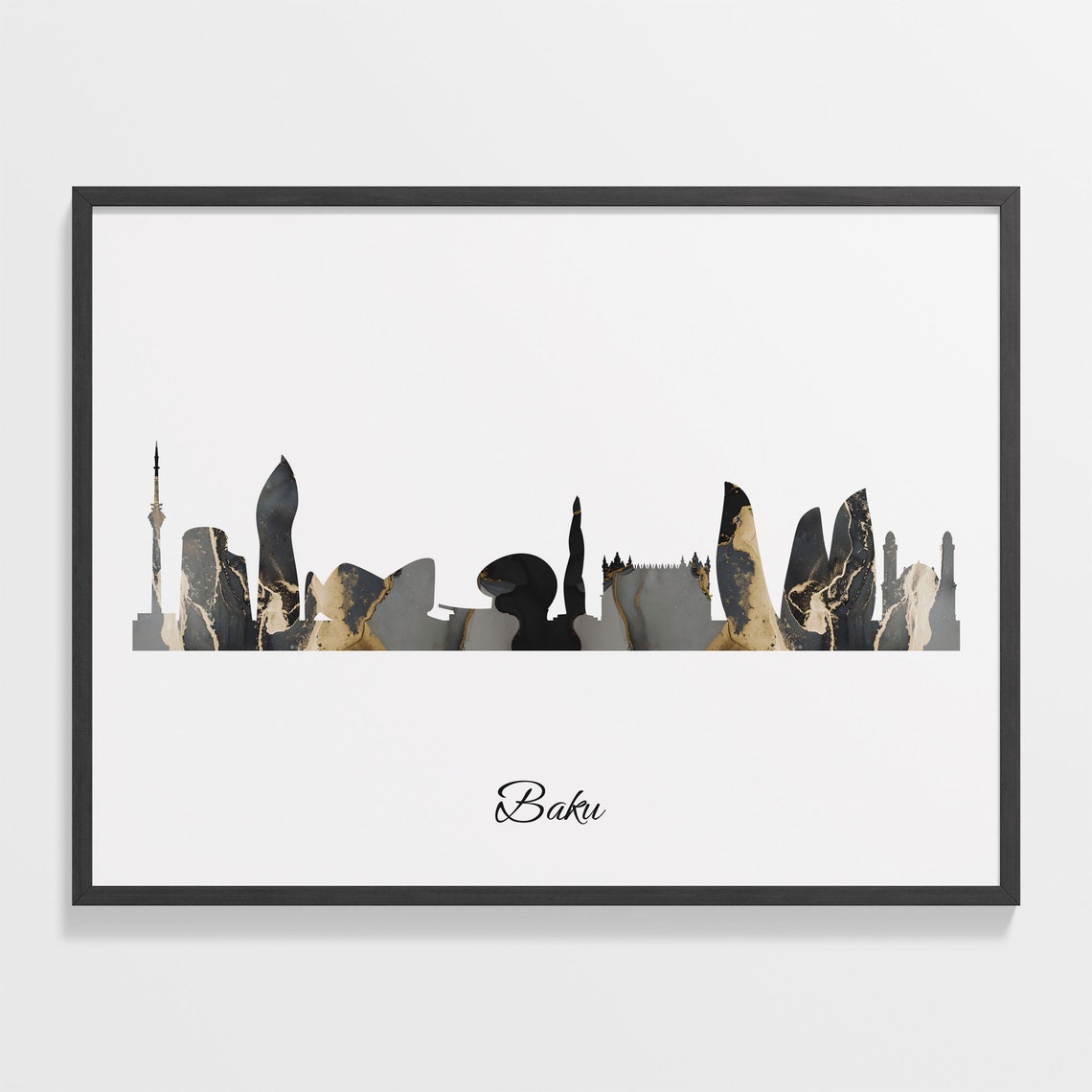 Baku Azerbaijan Black and Gold Marble Skyline Silhouette Art Poster