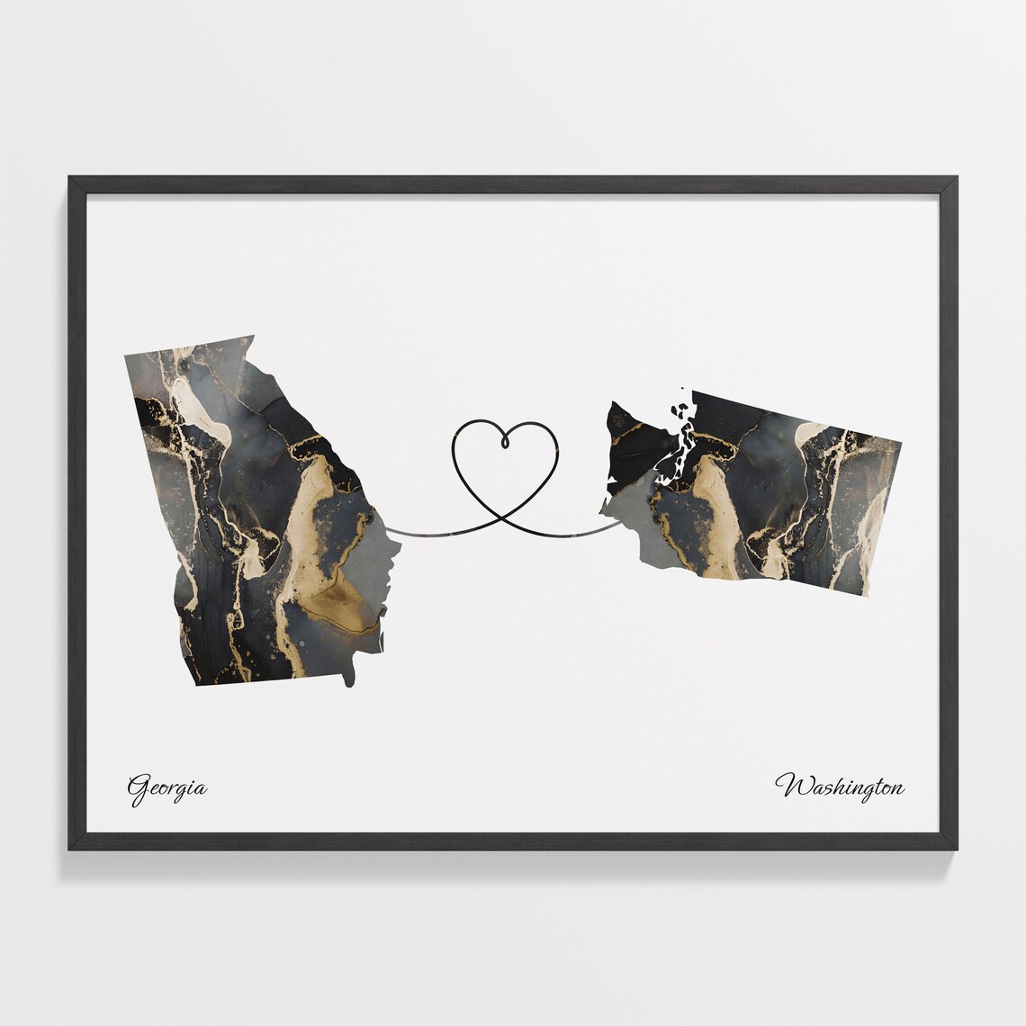 Georgia to Washington Black Marble State Map Long Distance Love Poster