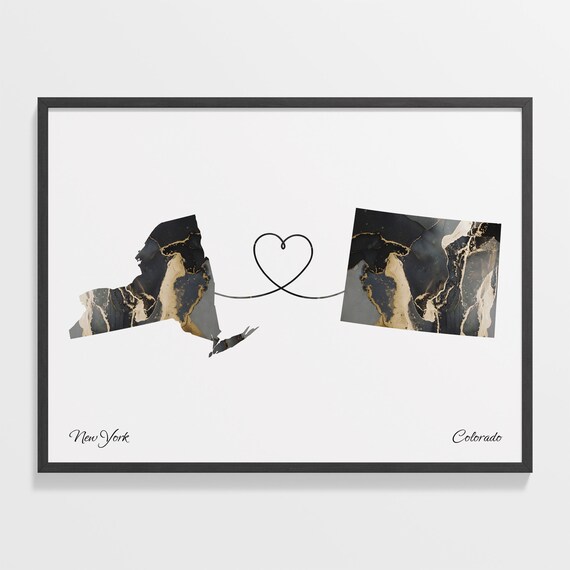 New York to Colorado Long Distance Love Marble Map Art Poster