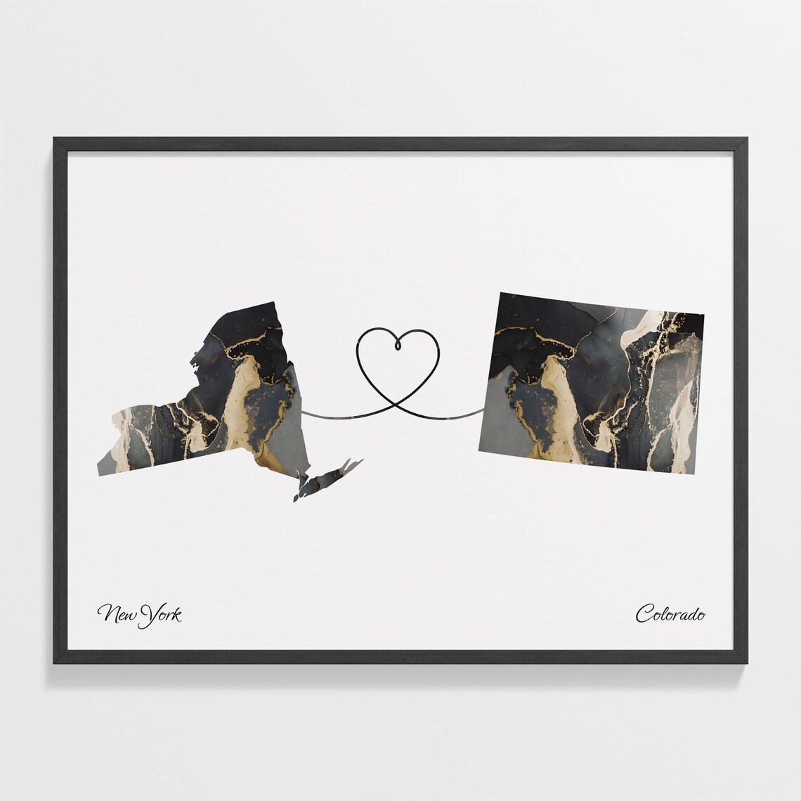 New York to Colorado Long Distance Love Marble Map Art Poster