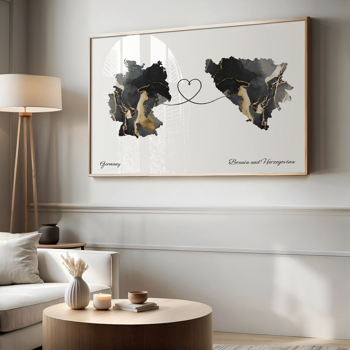 Germany Bosnia and Herzegovina Black Gold Marble Map Art Heart Connection Poster - Image 2