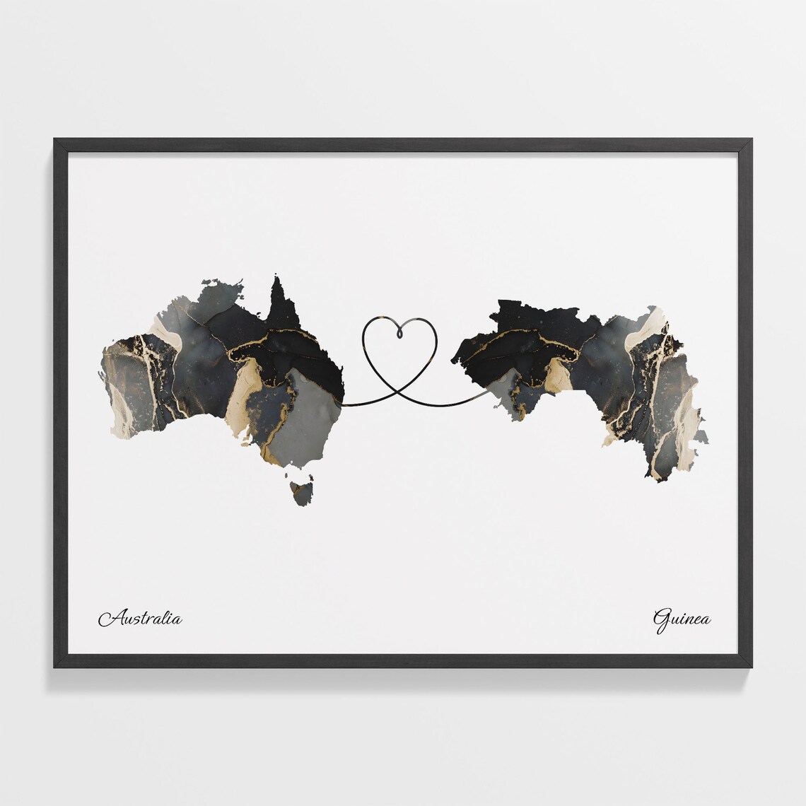 Australia To Guinea Marble Heart Map Two Country Long Distance Gift Poster
