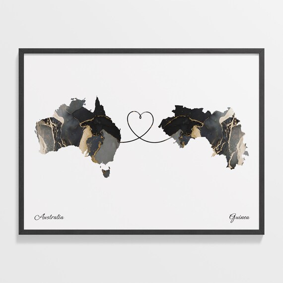 Australia To Guinea Marble Heart Map Two Country Long Distance Gift Poster