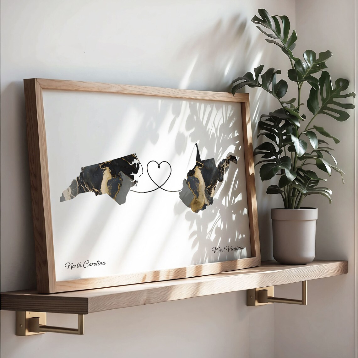 North Carolina West Virginia Long Distance Black Gold Marble Heart Map Poster - Image 3