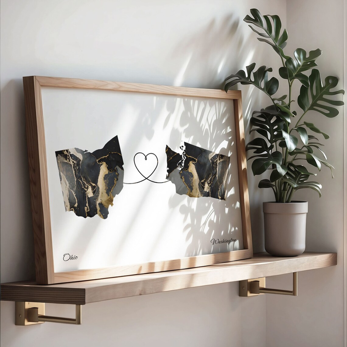 Ohio Washington Long Distance Black Gold Marble Heart Map Poster - Image 3