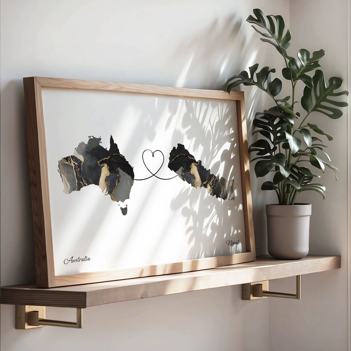 Australia To Nepal Heart Connected Black Marble Country Map Poster - Image 3