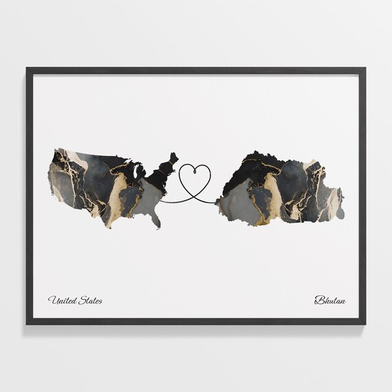 United States and Bhutan Marble Map Heart Long Distance Poster