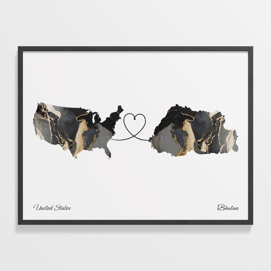 United States and Bhutan Marble Map Heart Long Distance Poster