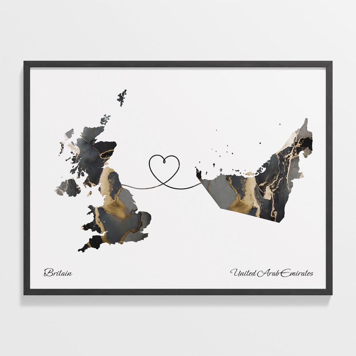 Britain and United Arab Emirates Heart Connection Black and Gold Marble Poster