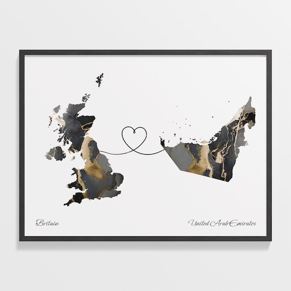 Britain and United Arab Emirates Heart Connection Black and Gold Marble Poster