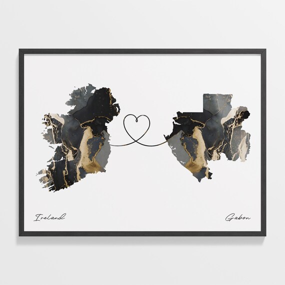 Ireland Gabon Long Distance Love Black Marble Heart Map Poster