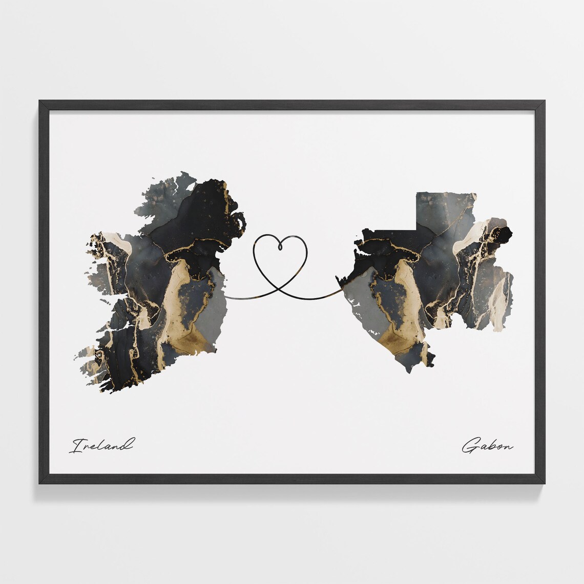 Ireland Gabon Long Distance Love Black Marble Heart Map Poster