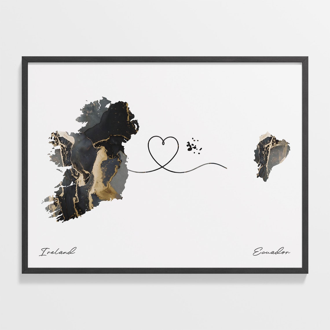 Ireland To Ecuador Long Distance Marble Map Heart Print Gift Art