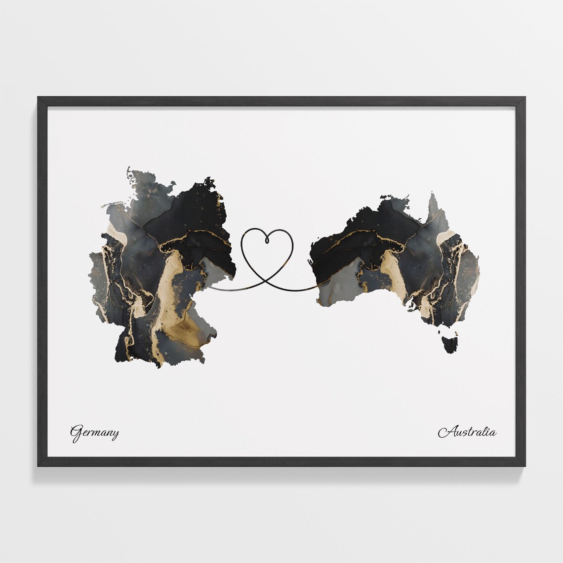 Germany and Australia Black and Gold Marble Heart Map Connection Poster