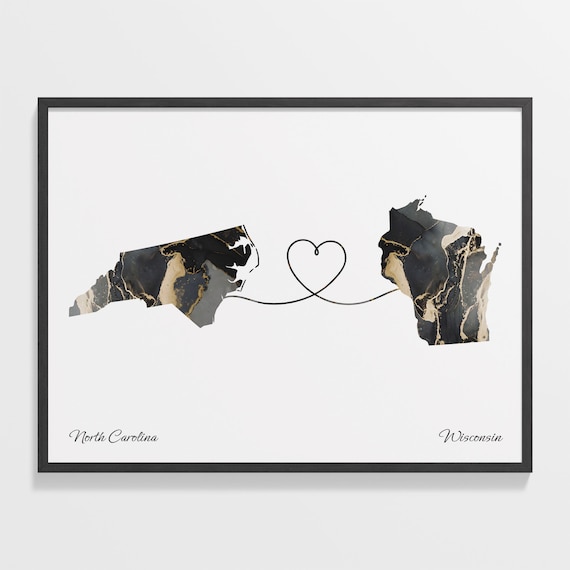 North Carolina to Wisconsin Black Marble State Map Long Distance Love Poster