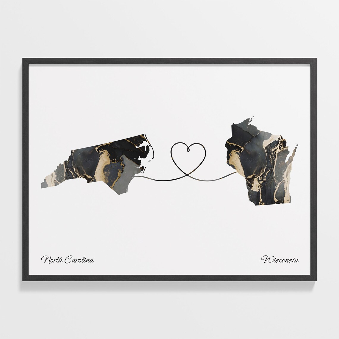 North Carolina to Wisconsin Black Marble State Map Long Distance Love Poster