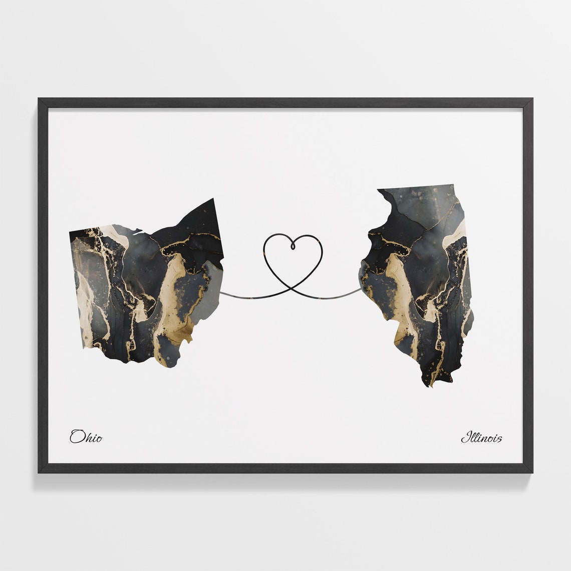 Ohio Illinois Long Distance Love Black Gold Marble Map Poster