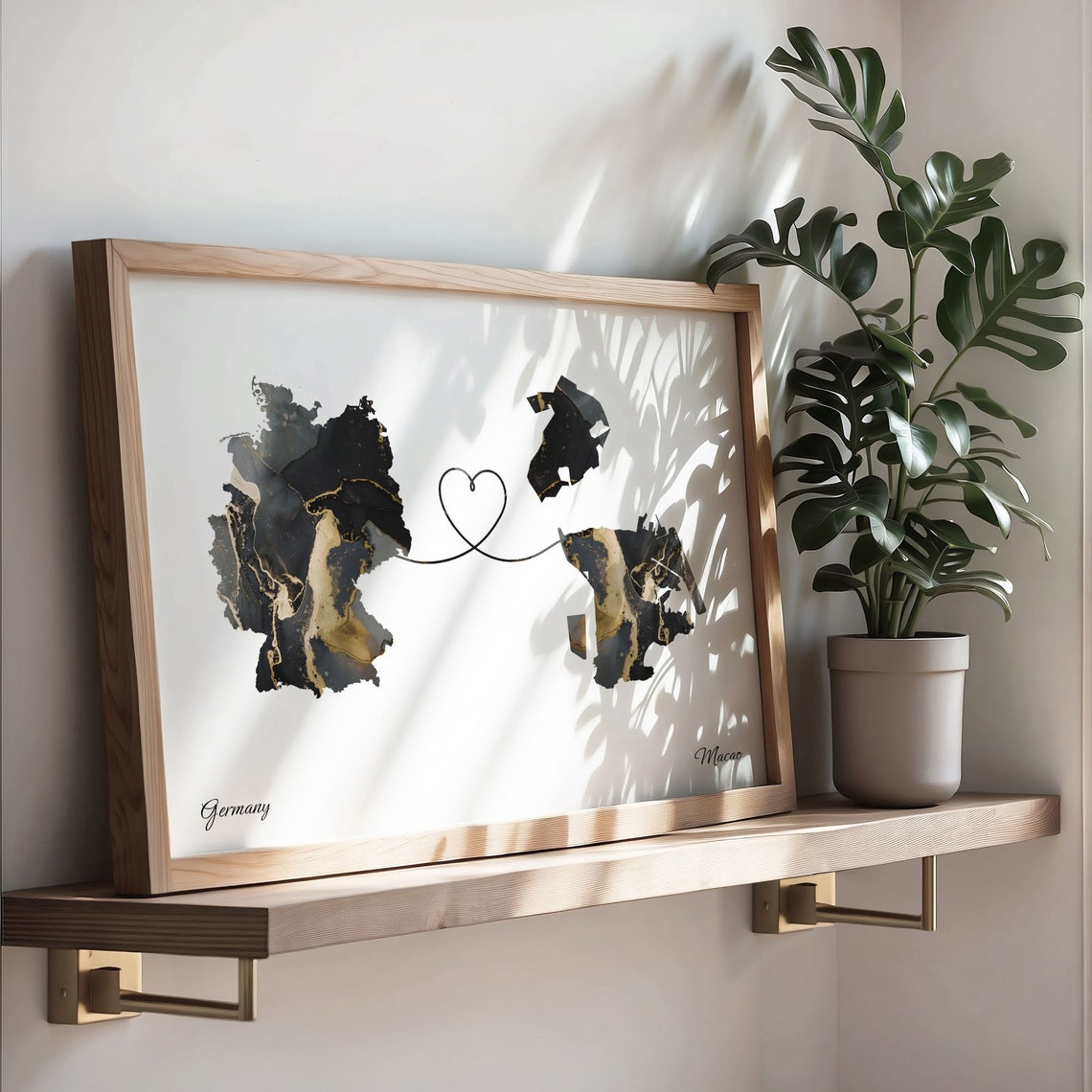 Germany and Macao Two Countries Black Gold Marble Map Poster - Image 3