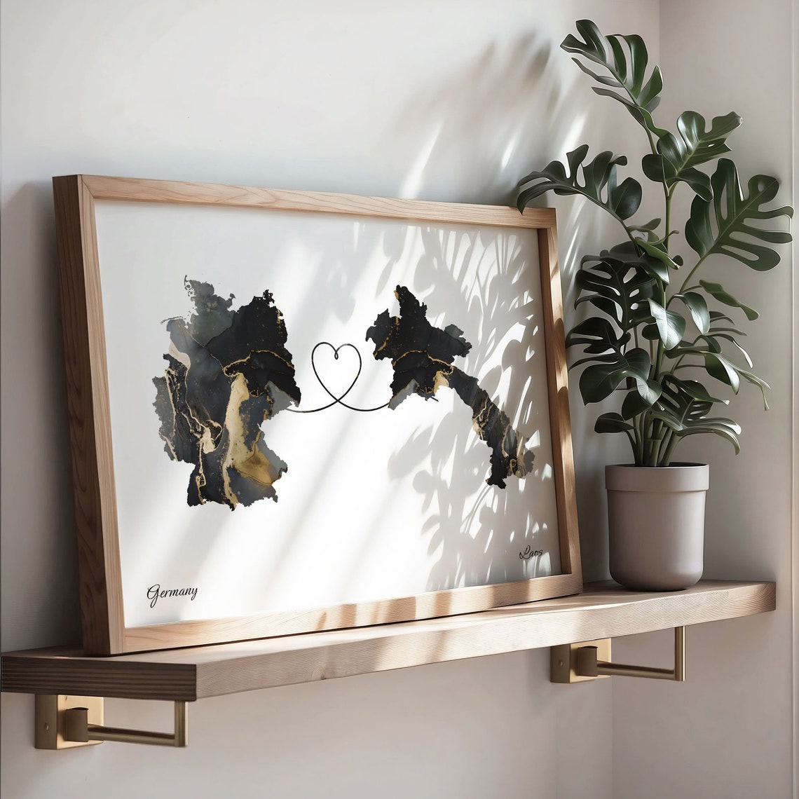 Germany and Laos Marble Heart Connected Countries Map Poster - Image 3