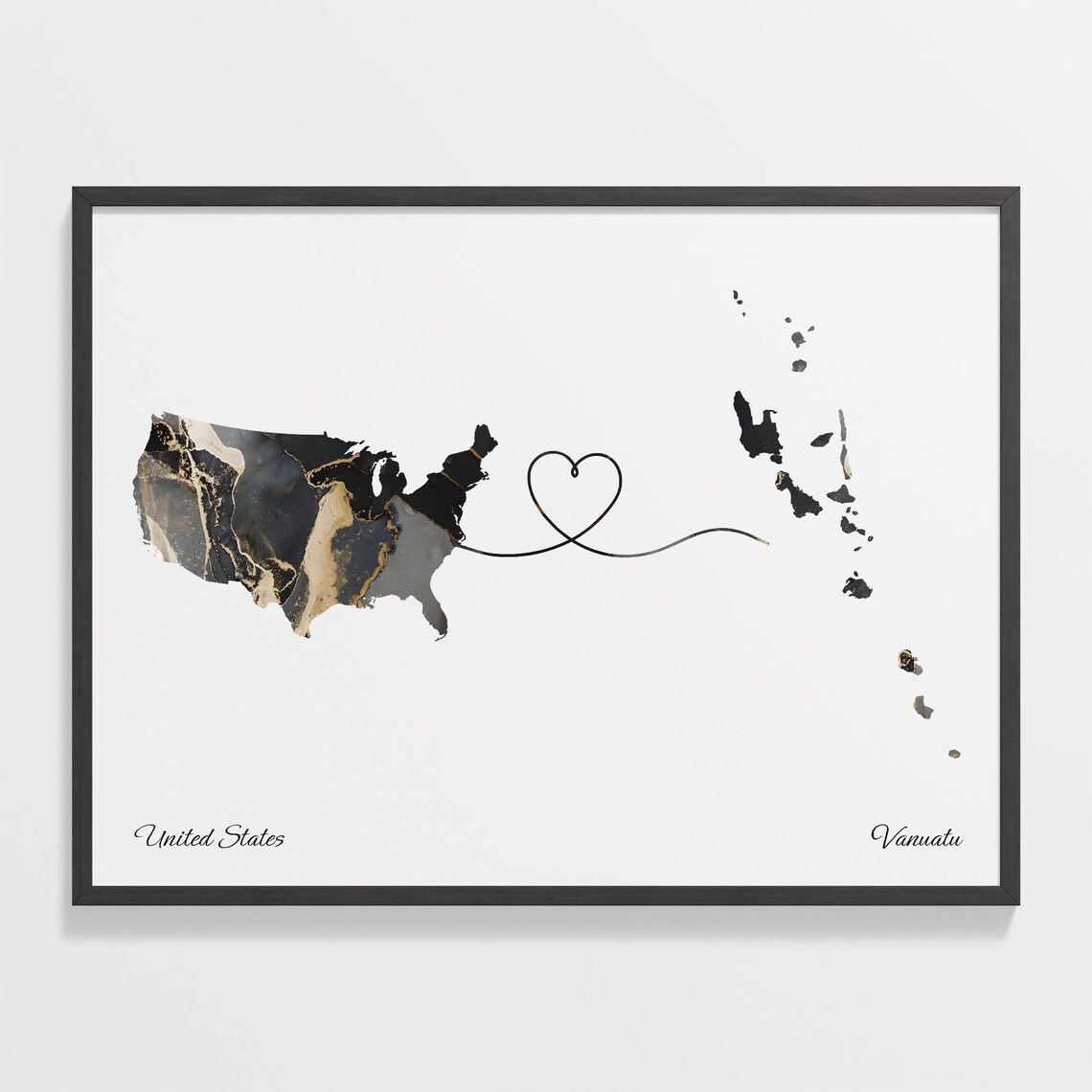 United States and Vanuatu Marble Heart Connected Countries Map Poster