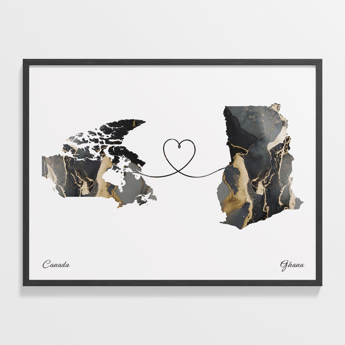 Canada Ghana Long Distance Love Black Marble Heart Map Poster