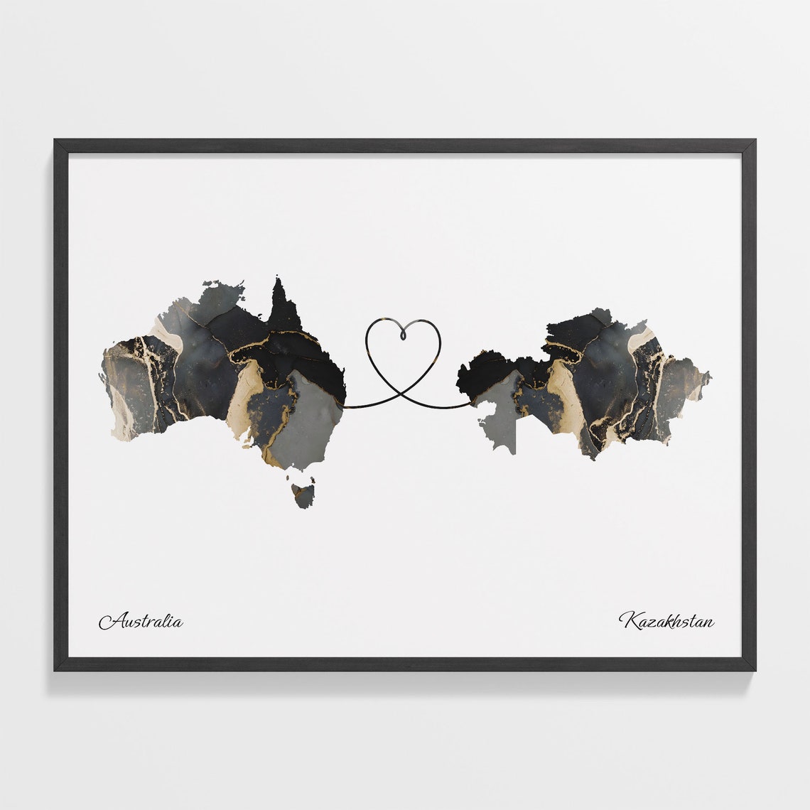 Australia to Kazakhstan Black Gold Marble Heart Connection Map Poster