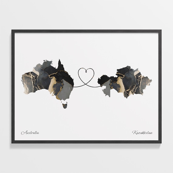 Australia to Kazakhstan Black Gold Marble Heart Connection Map Poster