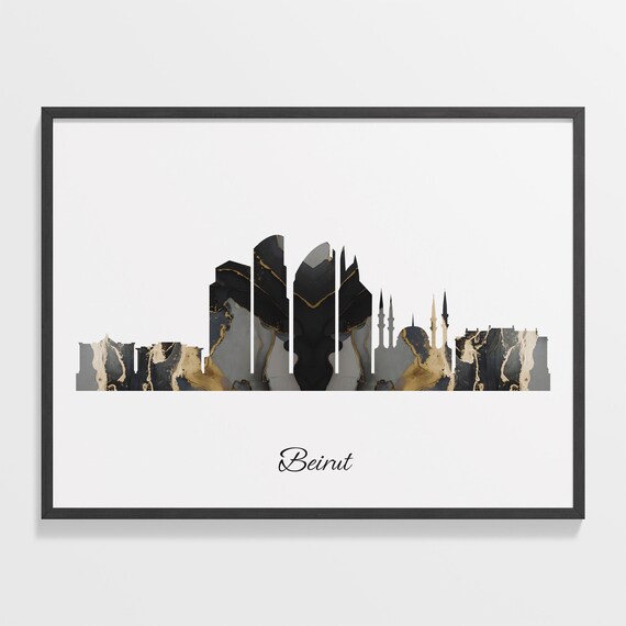 Beirut Luxury Black Gold Marble City Skyline Silhouette Poster