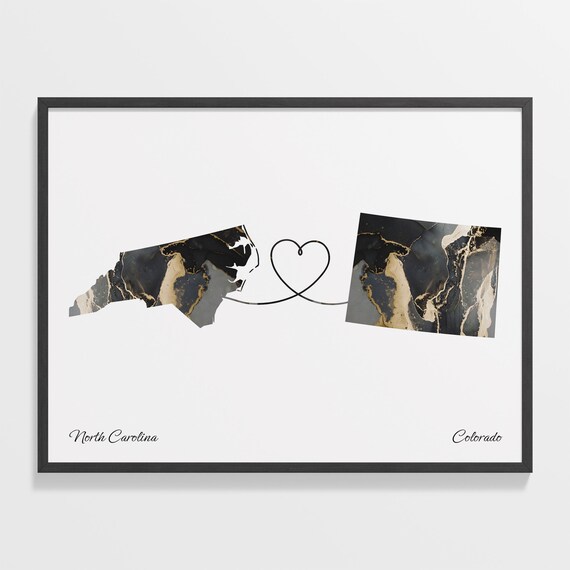 North Carolina Colorado Long Distance Love Black Gold Marble Map Poster
