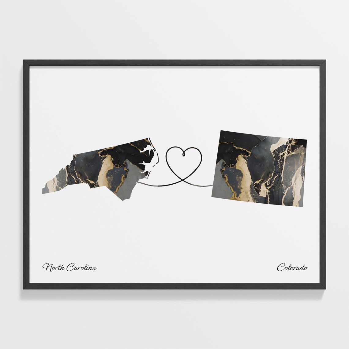 North Carolina Colorado Long Distance Love Black Gold Marble Map Poster