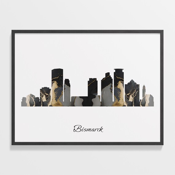 Bismarck North Dakota USA Black Gold Marble Skyline Silhouette City Print